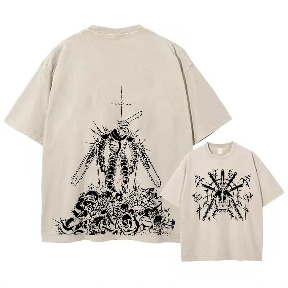 Аниме Футболки Chainsaw Wash Мужские Винтажные Выстиранные Футболки Харадзюку Оверсайз Хлопковая Футболка Хлопковая Мода Уличная одежда Унисекс Топ
