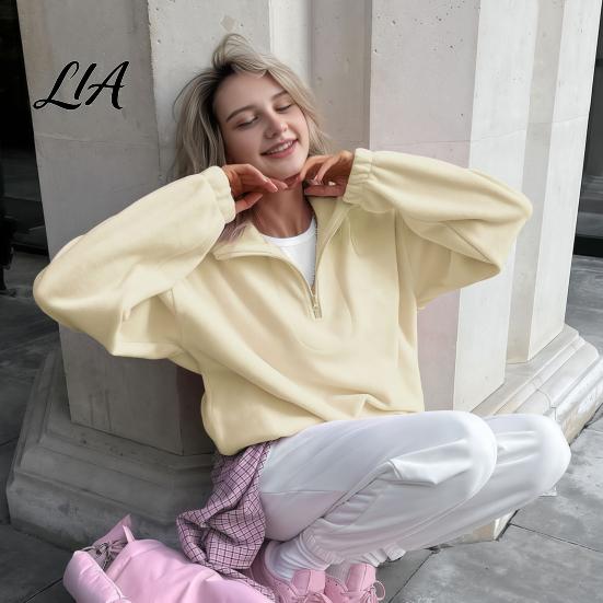 Lady Sweatshirt Women Solid Color Collared Sweatshirt, Loose Half Zipper Collar Pullover Top, Casual Sports Long Sleeve Outfits for Autumn Winter