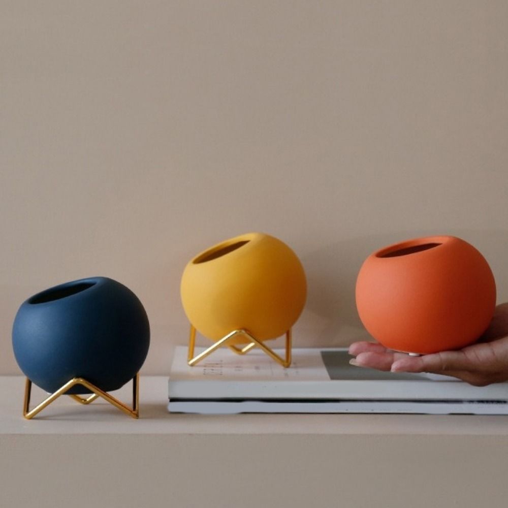 Iron Bracket Small Flower Vase Nordic Style Flowerpot Creative Round Ball Ceramic Vase Living Room