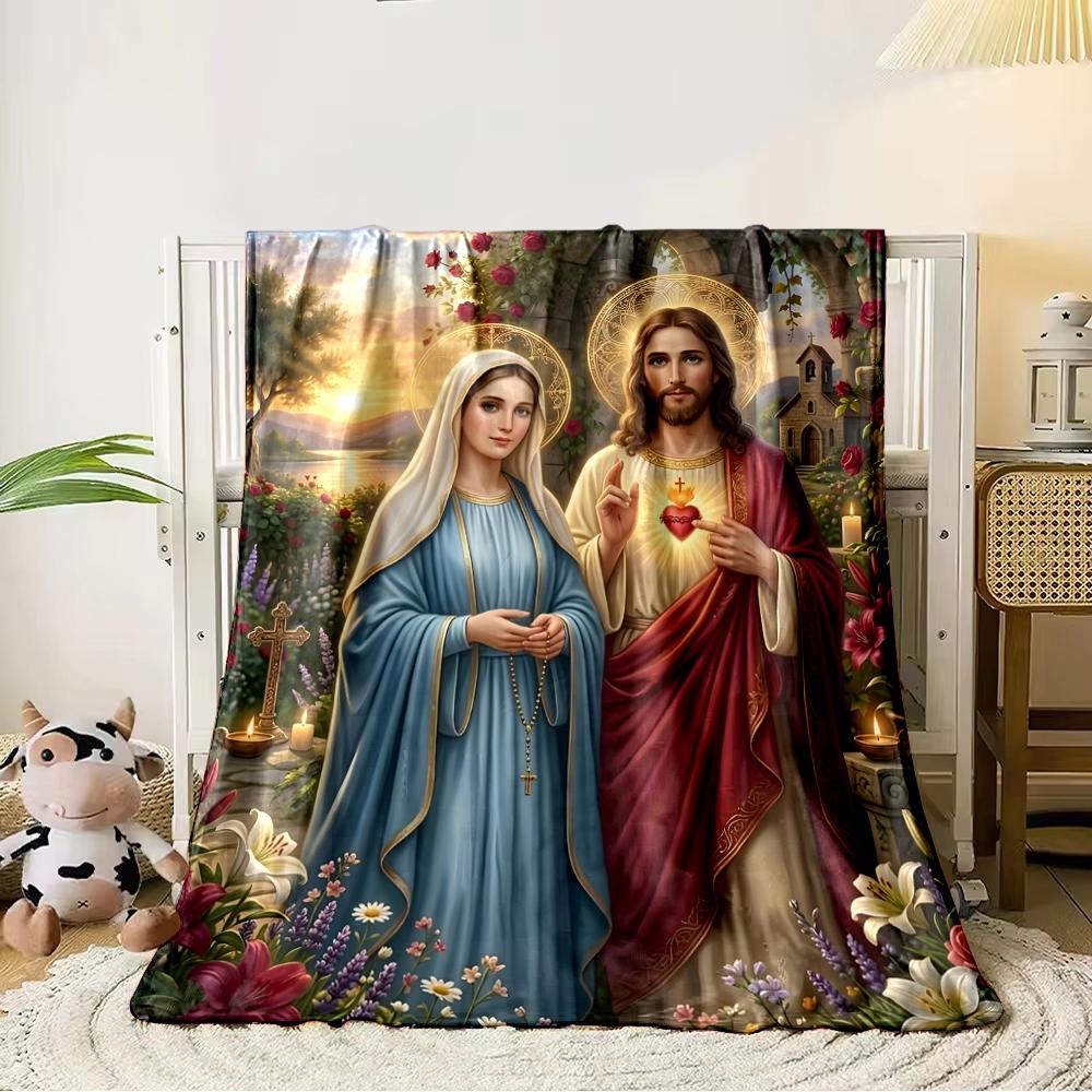 Holy Figures in Serene Garden SceneFlannel blanket for bedroom, living room, sofa, and nap