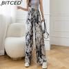 BITCED Летние широкие брюки с эффектом чернильного мытья для женщин, с высокой талией, струящиеся, свободного кроя, в клетку, из ледяного шелка, прямые, повседневные