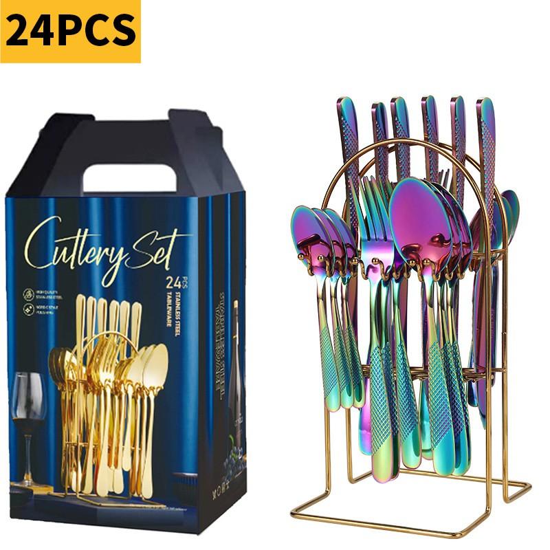 24-Piece Stainless Steel Cutlery Set With Gold-Plated Spoons Forks Knives Dinner Gift Box