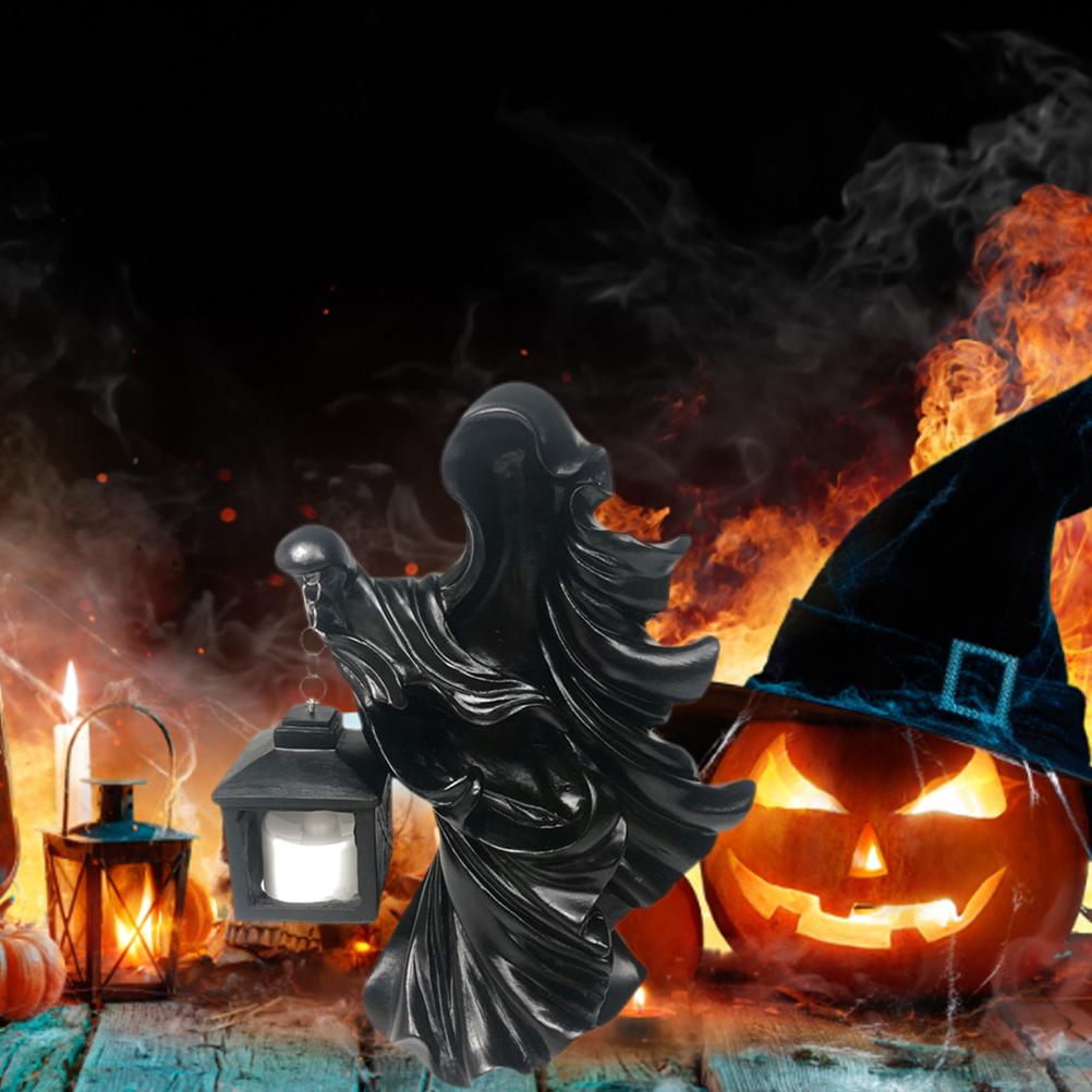 Призрак из смолы с фонарем Статуя посланника ада из смолы Скульптура для Хэллоуина Декорация сада и двора