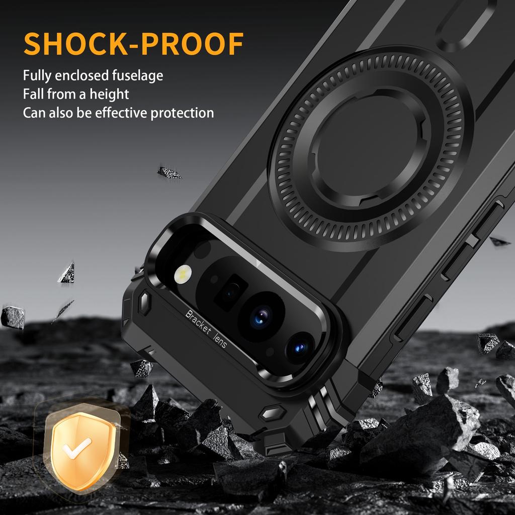 For Google Pixel 9/9 Pro Case Compatible with MagSafe Metal Lens Frame Kickstand PC+TPU Mobile Cover