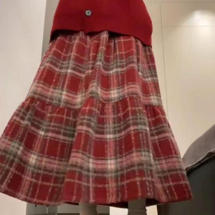 «Женская юбка-трапеция из красной шерсти в клетку с высокой талией 2024 года — японский ретро, средняя длина, облегающий крой»