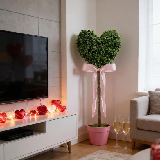 1/2Pcs Artificial Heart Topiary Tree Love Heart Topiary Stake with Rainbow Bow Indoor Outdoor Garden Porch Faux Shrubs Plants Decoration