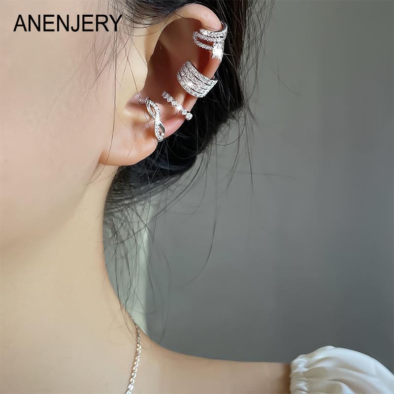 ANENJERY Геометрические многослойные цирконовые волнистые серьги-клипсы для женщин, крутые клипсы-крючки без ушных отверстий, вечерние ювелирные изделия, манжеты для ушей