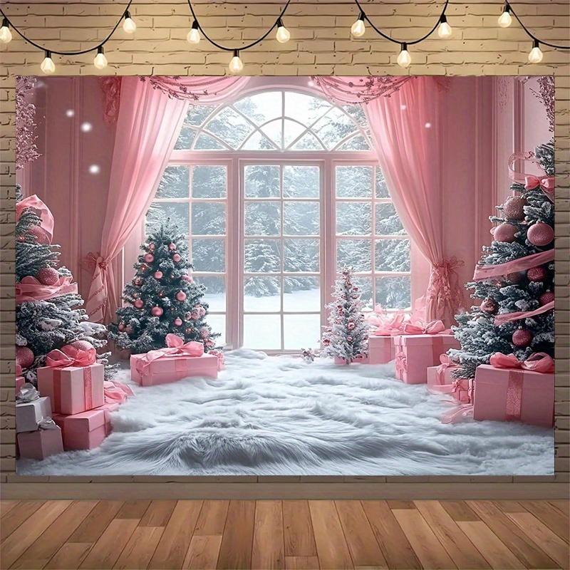 1pc polyester Christmas background with snow scene, pink curtains and holiday decorations - Winter holiday banner decoration