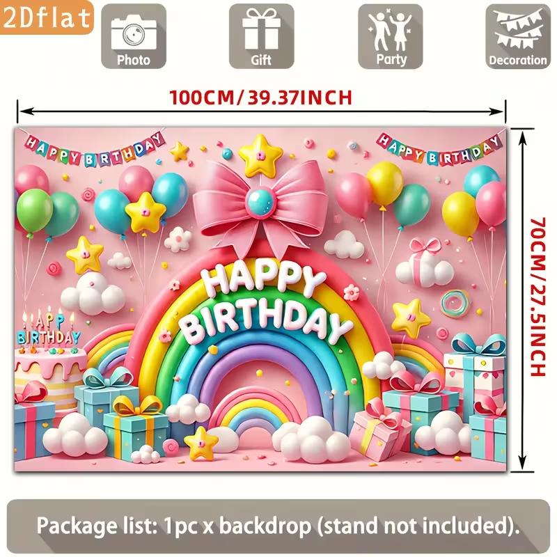 2D Pink Happy Birthday Backdrop Banner, Rainbow & Balloons Party Decor