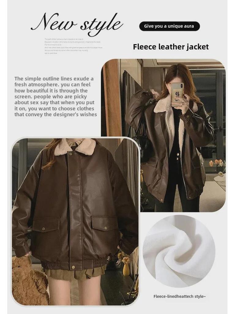 Женское высококачественное зимнее пальто из американской мотоциклетной кожи и хлопка: Корейский стиль, свободный крой, плюс бархат, плотная, короткая куртка.
