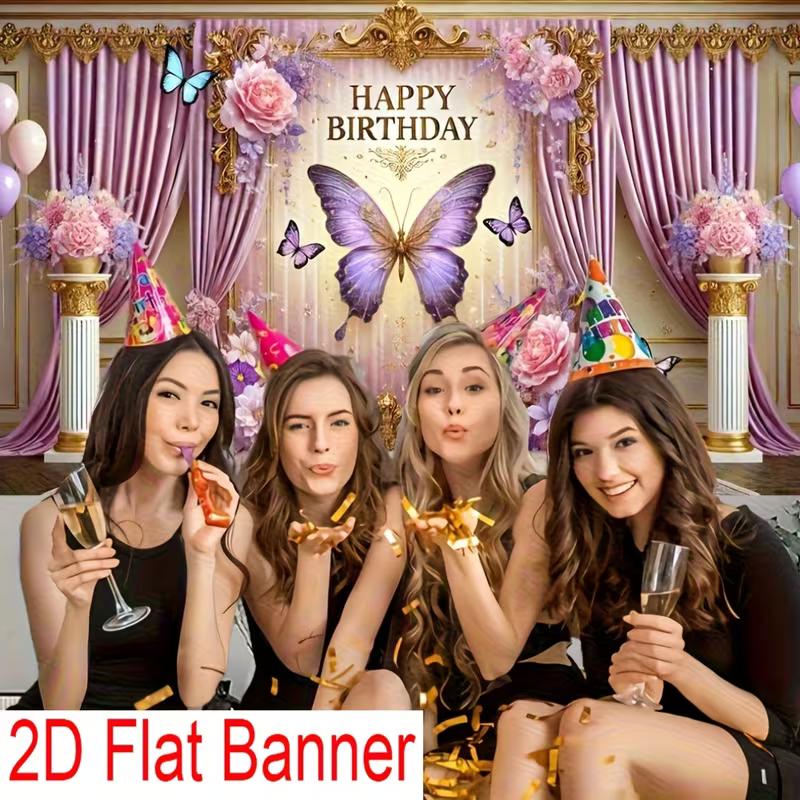 2D Elegant Purple Butterfly Birthday Backdrop Banner Floral Curtain Happy Birthday Party Decor Background