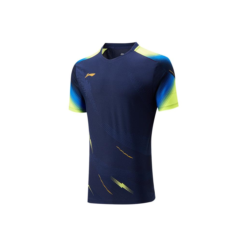Li-Ning Удобный Простой Универсальный Пуловер с V-образным вырезом Футболка с коротким рукавом для бадминтона Унисекс топы Морской синий AAYV163-4