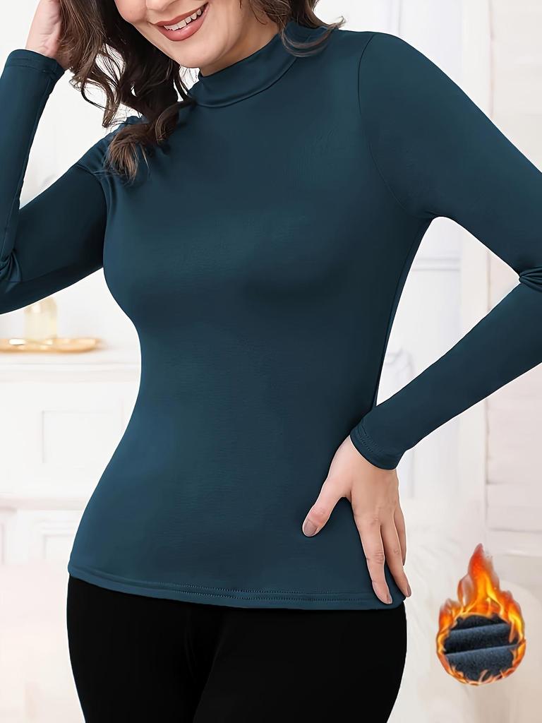 Женский базовый слой с флисовой подкладкой и круглым вырезом, облегающего кроя - Однотонный, с длинным рукавом, уютное осенне-зимнее нижнее белье