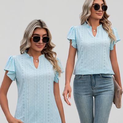 Летняя женская футболка с v-образным вырезом и рюшами, свободный топ с короткими рукавами