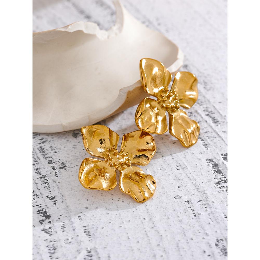 Yhpup Waterproof Stainless Steel Flower Stud Earrings 18k Gold Color Plated Metal Texture Fashion Jewelry for Women Gala Gift