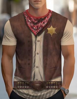 Men's casual suit and tie printed short-sleeved crew neck new men's role-playing party T-shirt