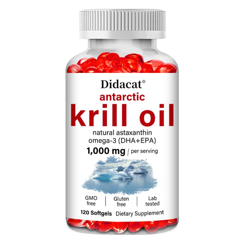 Antarctic krill oil 1000 mg, rich in Omega-3 fatty acid EPA, with anti-aging and immune-boosting effects. 120 capsules