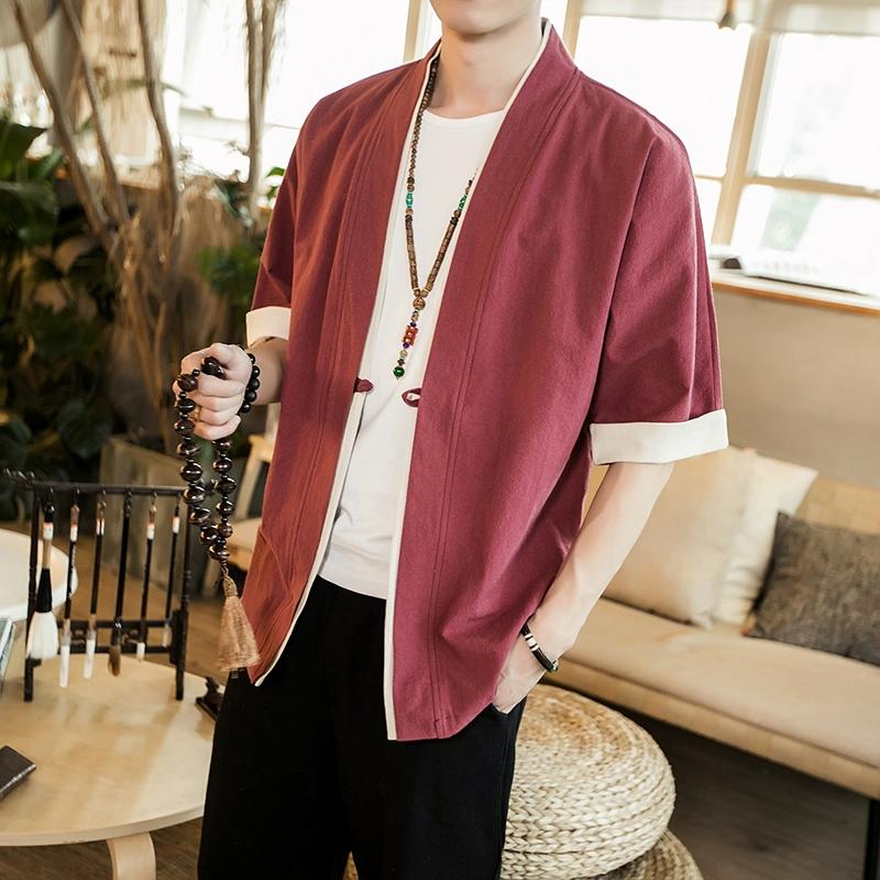 Summer Men Kimono Jackets Cardigan Lightweight Casual Cotton Blends Linen Seven Sleeves Open Front Hanfu Coat