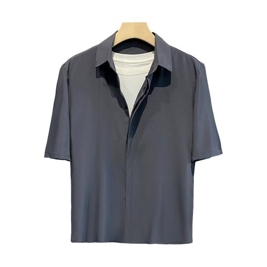 Мужская летняя рубашка с отложным воротником из ледяного шелка со скрытыми пуговицами, однобортный однобортный кардиган свободного кроя, повседневный офисный топ средней длины с короткими рукавами