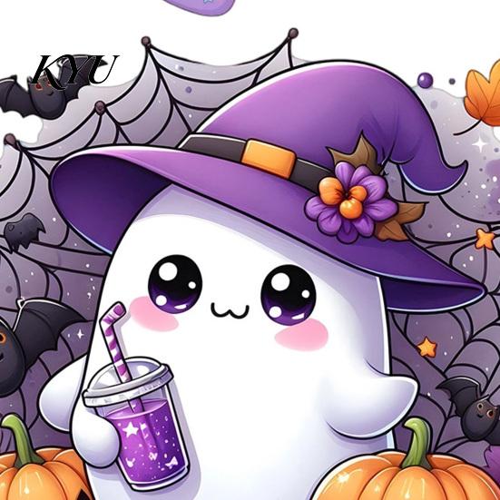 Cat Theme Halloween Art Pink Purple Static Window Clings, Cute Milk Tea Ghost Witch DIY Festive Room Decor Glass Decals, Waterproof Stickers