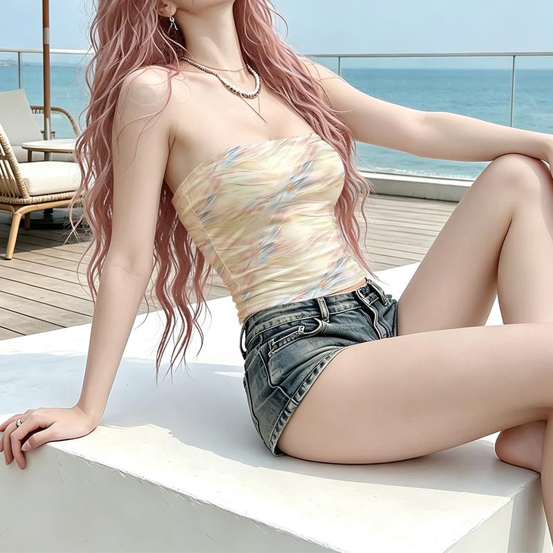 Soft Pastel Streak Strapless Crop Top, Trendy Summer Sleeveless Tube Camisole, Chic Streetwear Outfit