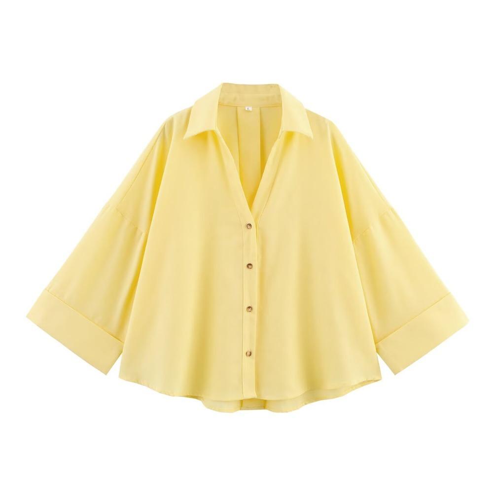 Женская свободная рубашка в полоску и однотонная на пуговицах с воротником-лацканом, широкими манжетами, рукавами летучая мышь, блузка
