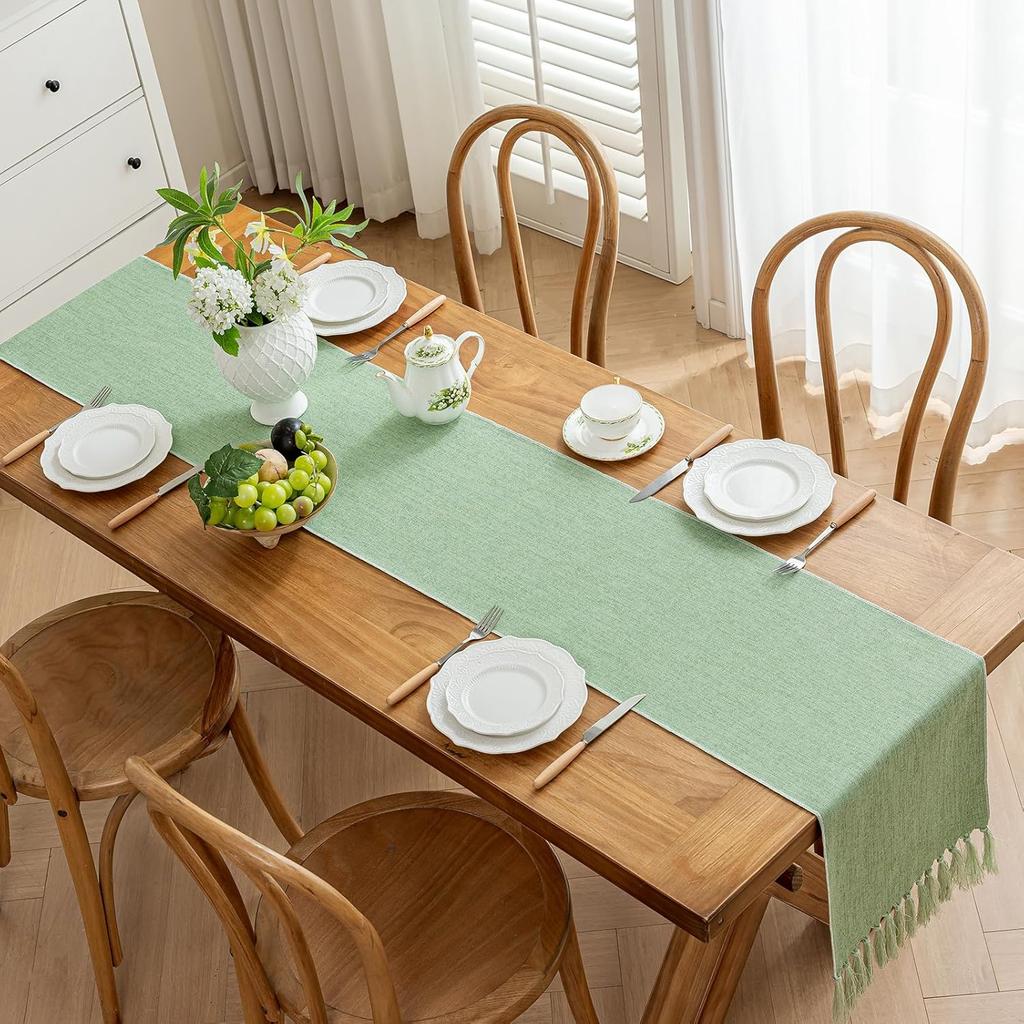 Tassel Table Runner, Linen Blend Rustic Farmhouse Style Kitchen Table Decoration Holiday Wedding Party Dinning Decor