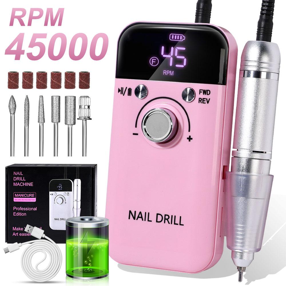 45000RPM Rechargeable Electric Nail Drill Machine Professional Nail Drills for Gel Nails Polish Portable Nail File Manicure Tool