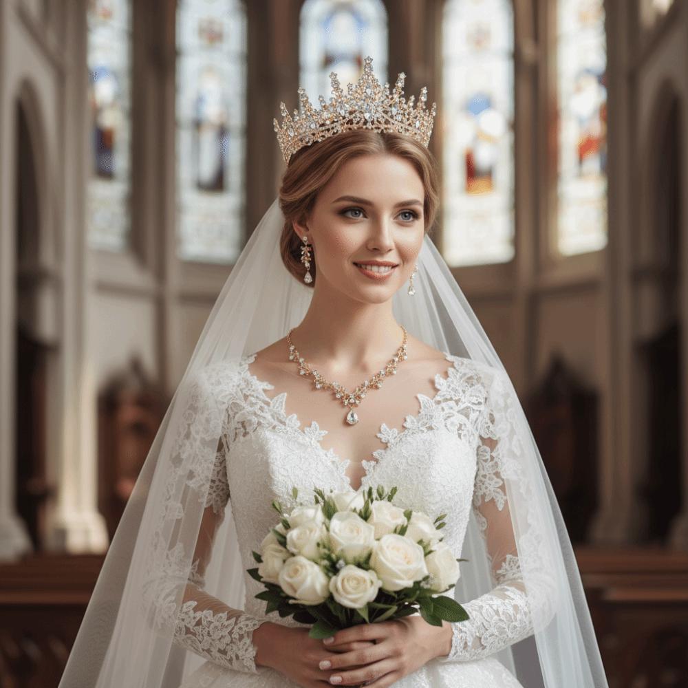 3 Pcs Shiny Bride Jewelry Sets Metal Necklace Earrings and Crown Sets Dress Accessories