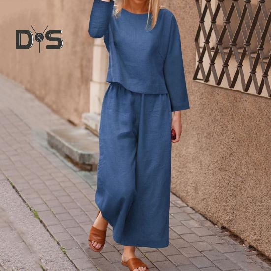 2 Pcs/Set Fall Spring Women Top Pants Set Long Sleeves Round Neck T-shirt Elastic Waist Trousers with Side Pockets OL Commuting Sport Pantsuit Outfit