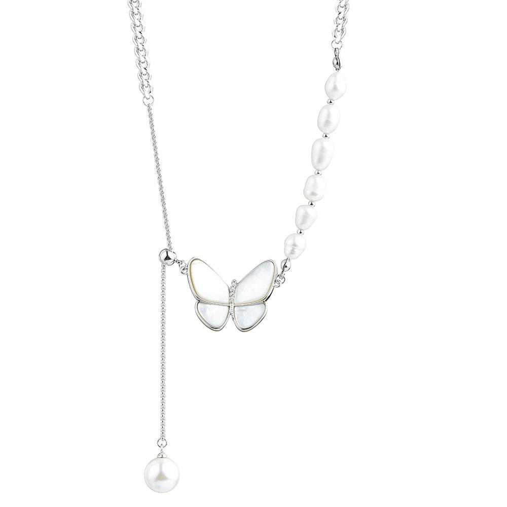 Pearl Butterfly Necklace Women'S Light Luxury Niche Design Sense Splicing Strange Pearl Collarbone Chain Neck Chain Sweater Chain