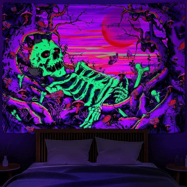 Гобелен Blacklight Galaxy Moon Trippy Plant с цветочным принтом, УФ-реактивный неоновый горный лес, психоделический настенный гобелен для декора комнаты