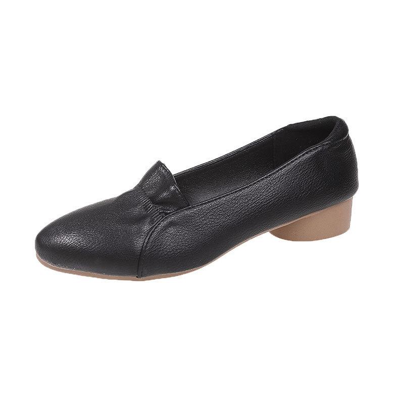 2025 новая весна мягкая кожа одинарная обувь женская толстый каблук средний каблук черная женская обувь обувь для мамы мелкий вырез остроносые туфли на высоком каблуке