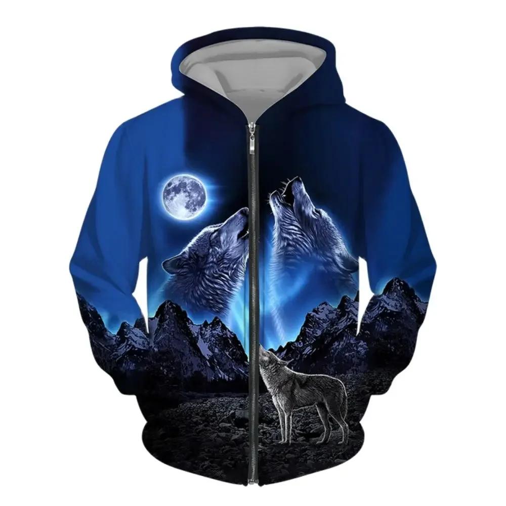 Men Zipper Hoodie Wolf 3D Printed Zipper Hoodie Men's Pullover Fashion Casual Sweater Street Harajuku Clothing Spring and Autumn