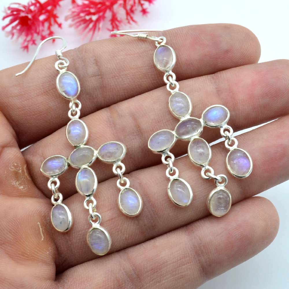 Серьги с радужным лунным камнем, женские серьги, подарок для нее, серьги с подвесками, подарок с камнем на день рождения, серьги с ободом, дизайнерские серьги