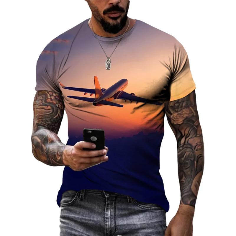 Men Summer Trend Casual Fun Round Neck Short Sleeve Fashion New 3D Printed Airplane Graphic T Shirts for Streetwear Tees Tops