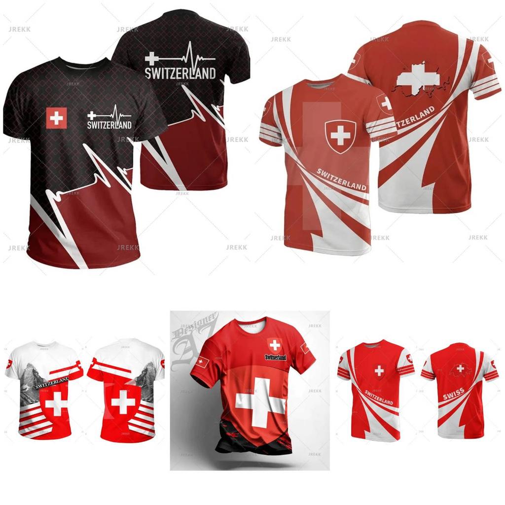 Швейцария Швейцария SUISSE Футбол Футболка Печать 3D Национальная Джерси Флаг Болельщик Тренировка Круглый вырез Унисекс Мужчины Женщины Спорт Короткий рукав Форма