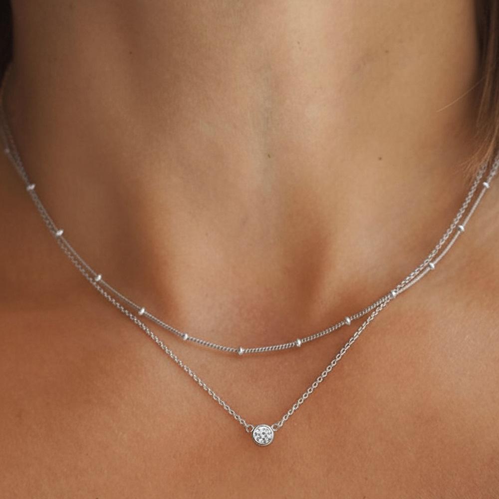 Stainless Steel Waterproof Double Layer Single Zircon Pendant Necklace for Women Fashion Stacking Beaded Clavicle Chain Jewelry