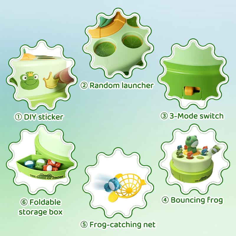 Electric Pop-up Turntable Toys with Music Cartoon Rotating Frog Catcher Toys with Nets Musical Launching Rotating Game Kids Toys