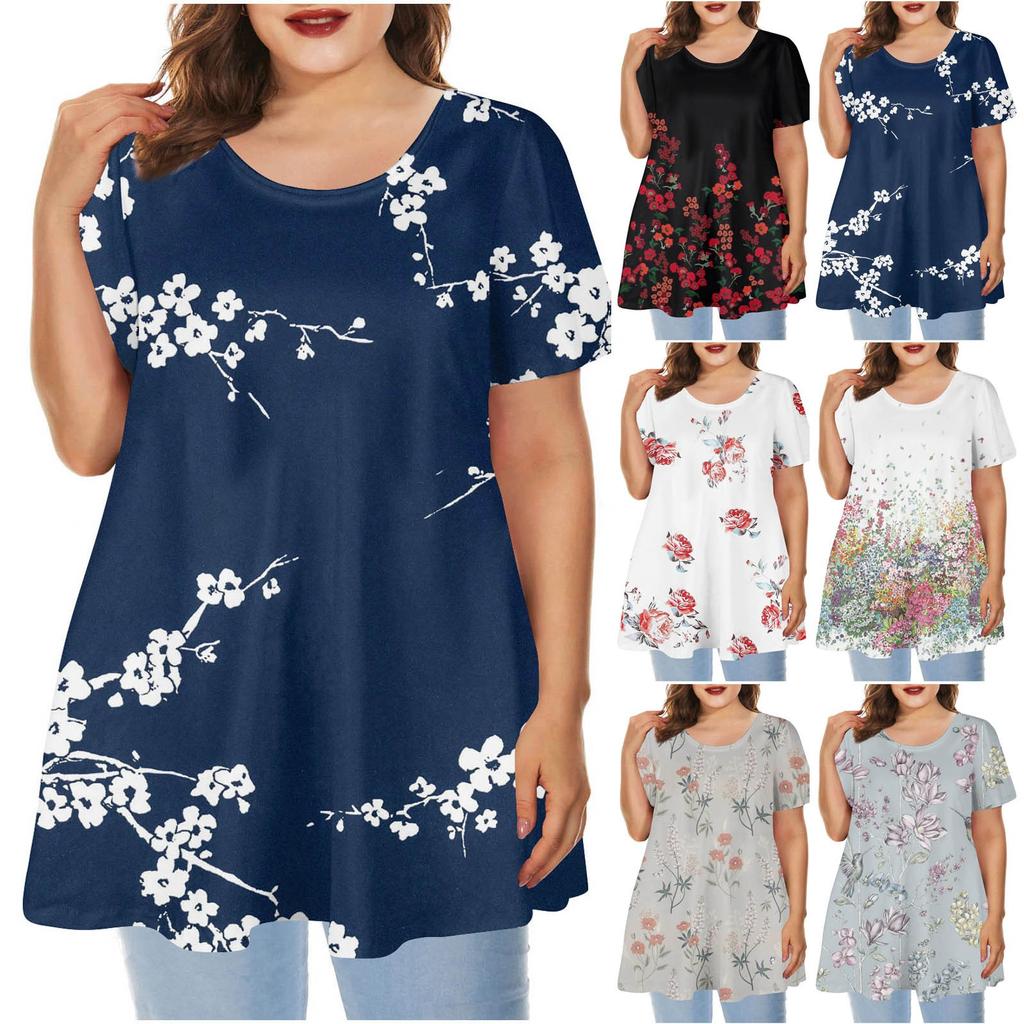 Ladies Round Neck Printed Short Sleeve Top Loose Casual Short Sleeved Plus Size Tops