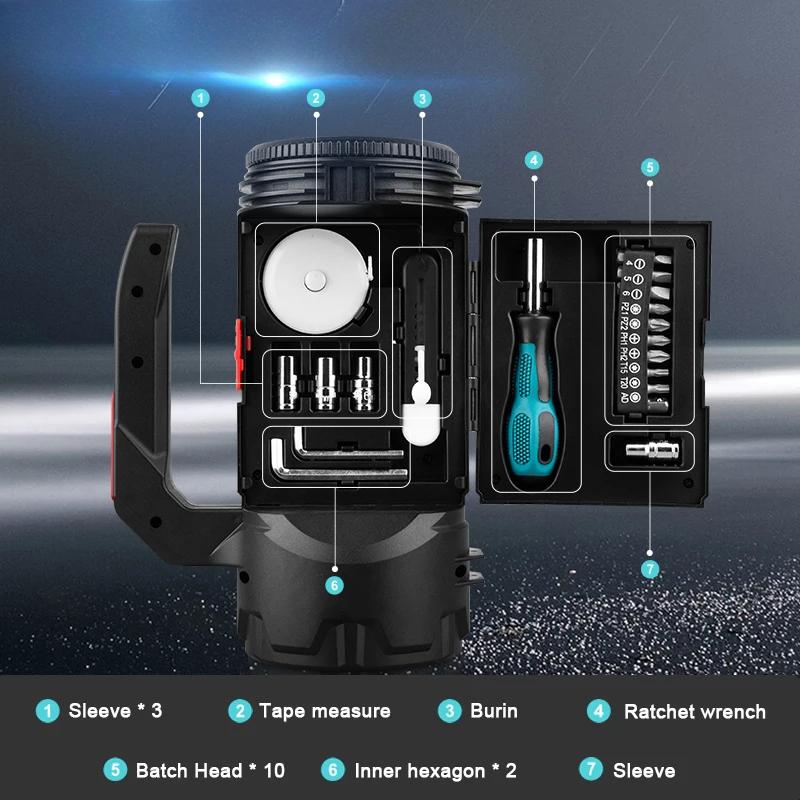 New Handheld Flashlight with Built-in Tool Kit, Charging Belt, Side Light, Emergency Multifunctional Handheld Work Light