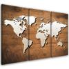 Three Piece Picture Canvas Print Vintage World Map Brown