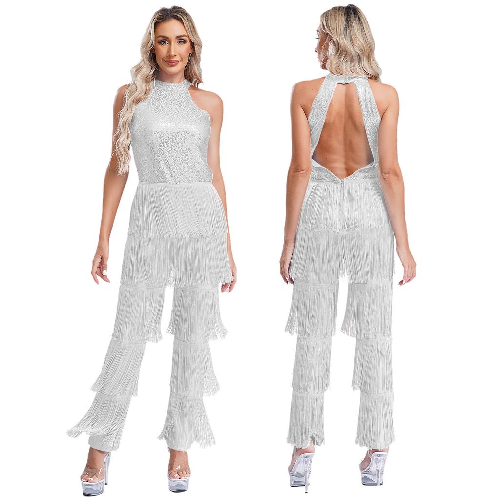 Women Sleeveless Jazz Costume Flowy Tassel Rompers Performance Dancewear Fringe Jumpsuit Tango Cha-Cha Samba Dancing Party Dress
