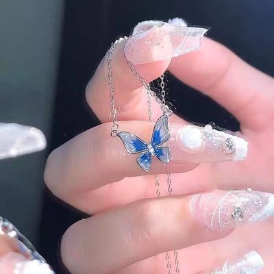 Градиентное синее ожерелье с бабочкой, модное простое индивидуальное ожерелье на ключицу, подвеска, женские аксессуары для вечеринок, изысканный подарок