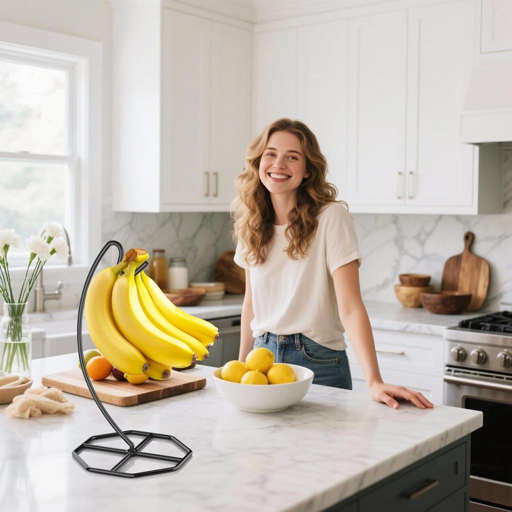 2 Pack Banana Hanger, Banana Tree Holder Metal, Banana Stand Holder, Holds Up to 15LB Banana or Grape, Banana Rack for Kitchen Counter, Black