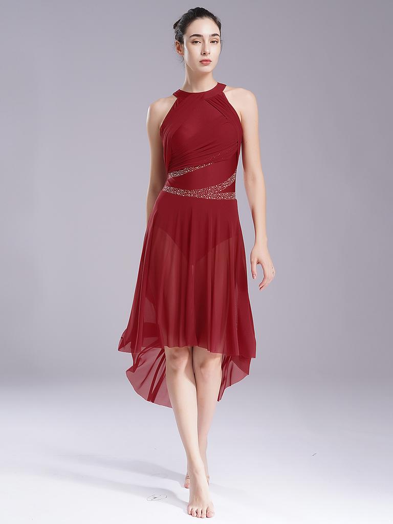 Женский лирический балетный купальник для бальных танцев, танцевальная одежда, блестящие стразы, рюши, современное платье, костюм для фигурного катания, гимнастики