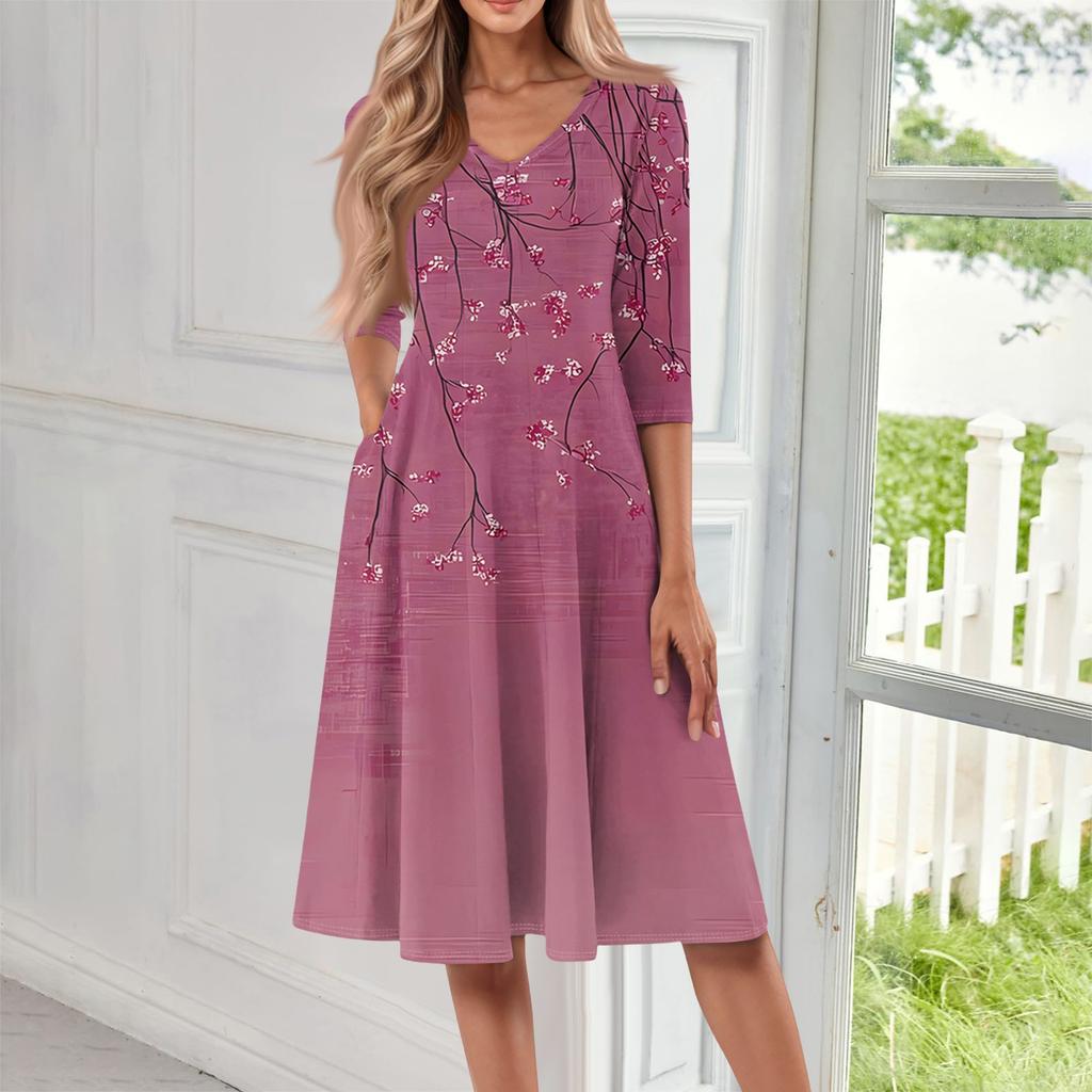 Женское повседневное модное платье миди с V-образным вырезом и рукавом три четверти