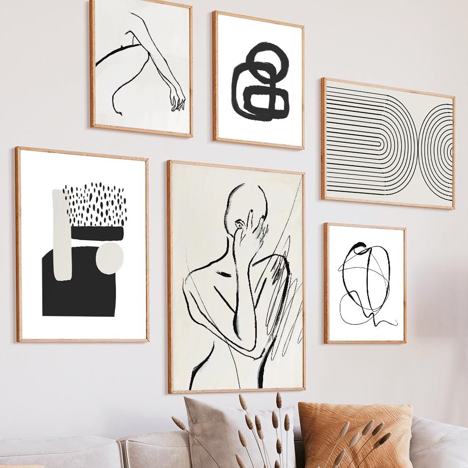 Рисунок черными линиями Девушка Тело Радуга Абстрактные Постеры Принты Настенное Искусство Холст Живопись Фотографии для Декора Гостиной