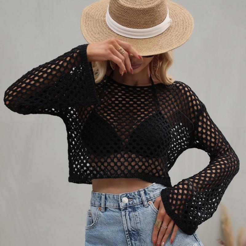 Летняя свободная трикотажная блузка с открытыми плечами, женские повседневные рубашки с расклешенными рукавами и круглым вырезом для женщин, модные элегантные однотонные укороченные топы 24123