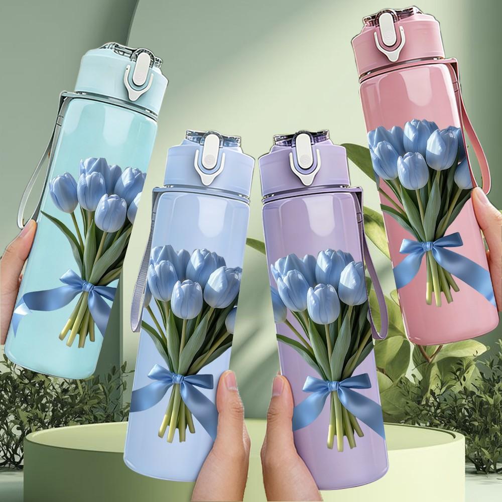 1PC Blue Cornflower Bouquet With Ribbon Print 750ml Color Plastic Sports Water Bottle Leakproof Flip Straw Lid Suitable for Sports Office Home Use